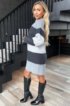 Anthracite And Grey Striped Knitted Dress