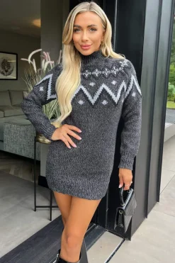 Anthracite Fairisle Mock Neck Knitted Dress