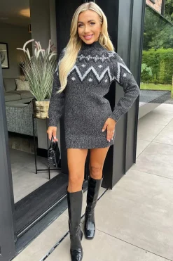 Anthracite Fairisle Mock Neck Knitted Dress