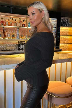 Anthracite Fold Over Bardot Knitted Jumper