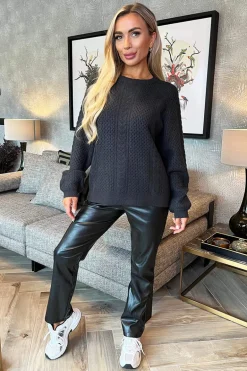 Anthracite Round Neck Cable Knit Jumper