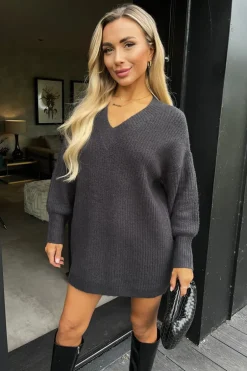 Anthracite V-Neck Knitted Jumper Dress
