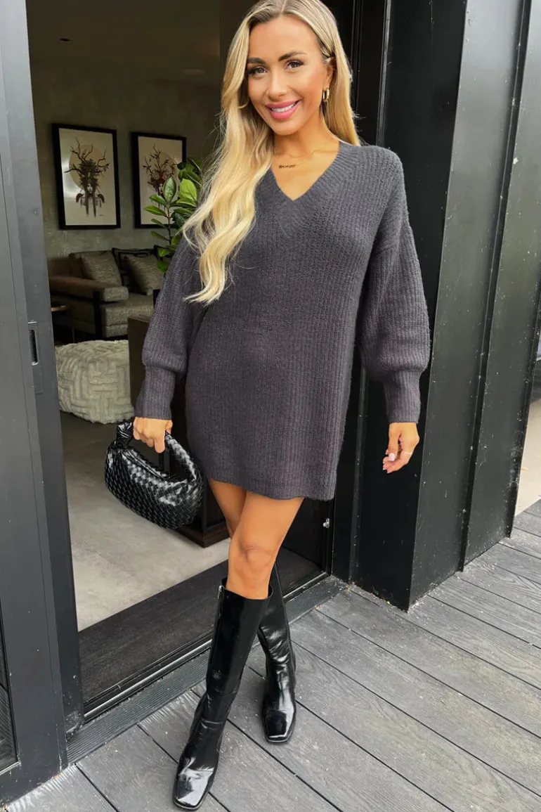 Anthracite V-Neck Knitted Jumper Dress