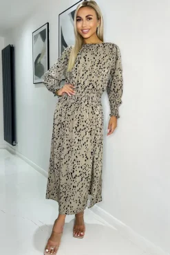 Beige Animal Print Long Sleeve Shirred Detail Midi Dress