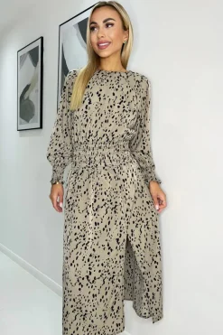 Beige Animal Print Long Sleeve Shirred Detail Midi Dress