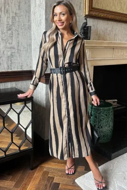 Beige Striped Print Button Front Belted Shirt Midi Dress