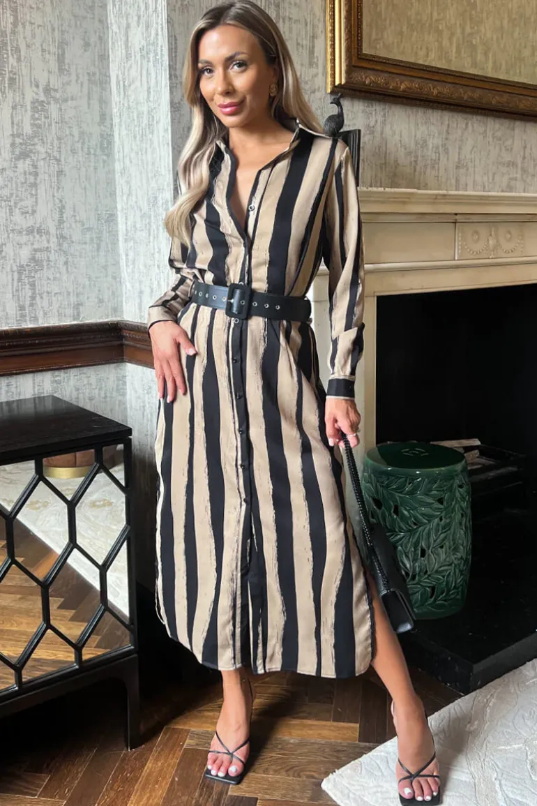 Beige Striped Print Button Front Belted Shirt Midi Dress