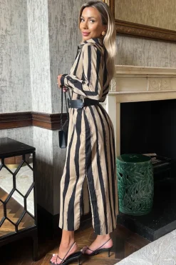 Beige Striped Print Button Front Belted Shirt Midi Dress