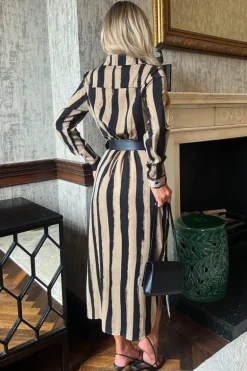 Beige Striped Print Button Front Belted Shirt Midi Dress