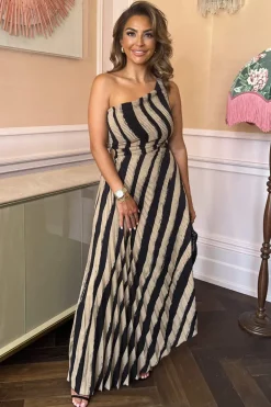 Beige Striped Print One Shoulder Pleated Midi Dress