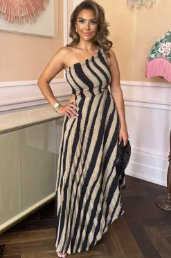 Beige Striped Print One Shoulder Pleated Midi Dress
