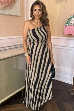 Beige Striped Print One Shoulder Pleated Midi Dress