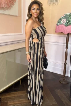 Beige Striped Print One Shoulder Pleated Midi Dress