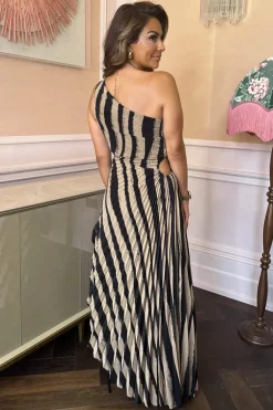 Beige Striped Print One Shoulder Pleated Midi Dress