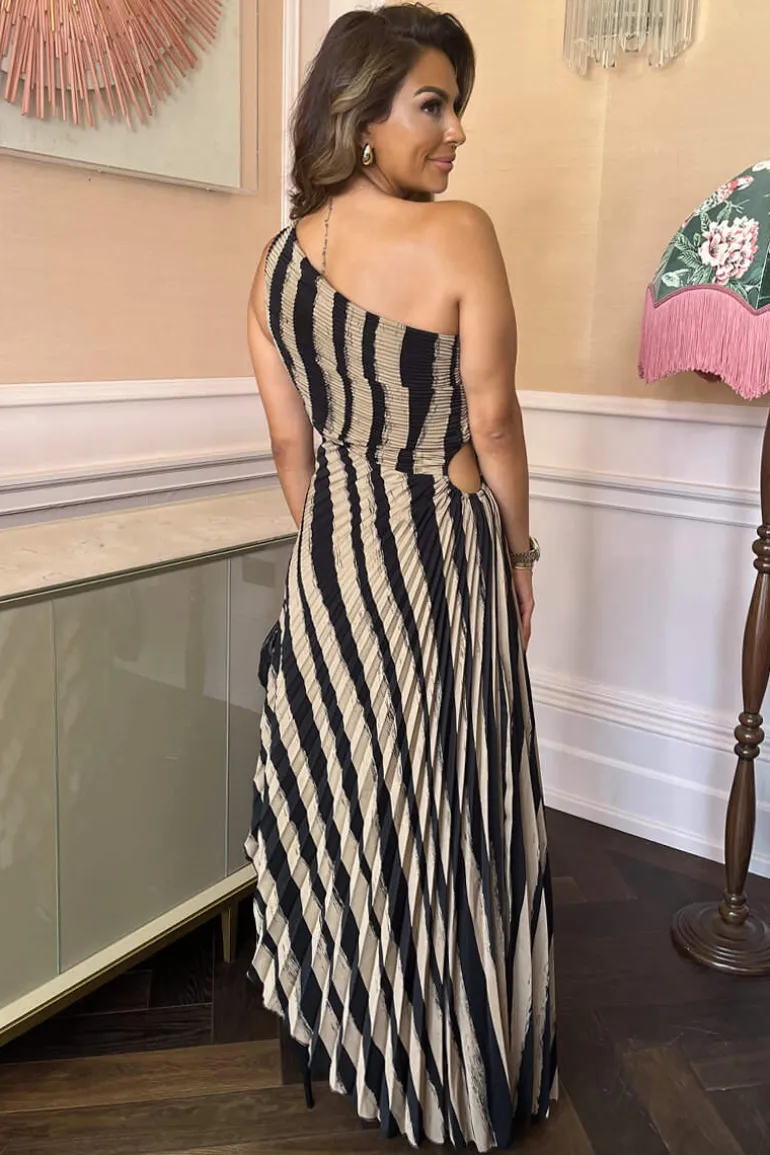 Beige Striped Print One Shoulder Pleated Midi Dress