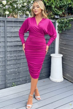 Berry Ruched Wrap Top Midi Dress