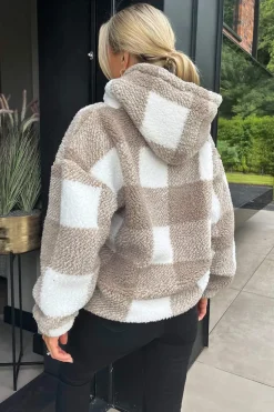 Biscuit Check Drawstring Teddy Hoodie