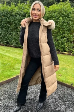 Biscuit Faux Fur Hooded Longline Padded Gilet