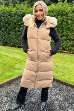 Biscuit Faux Fur Hooded Longline Padded Gilet