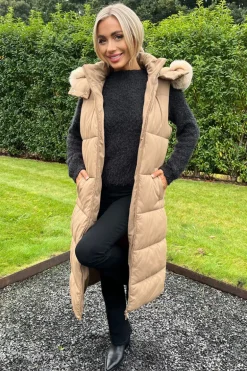 Biscuit Faux Fur Hooded Longline Padded Gilet