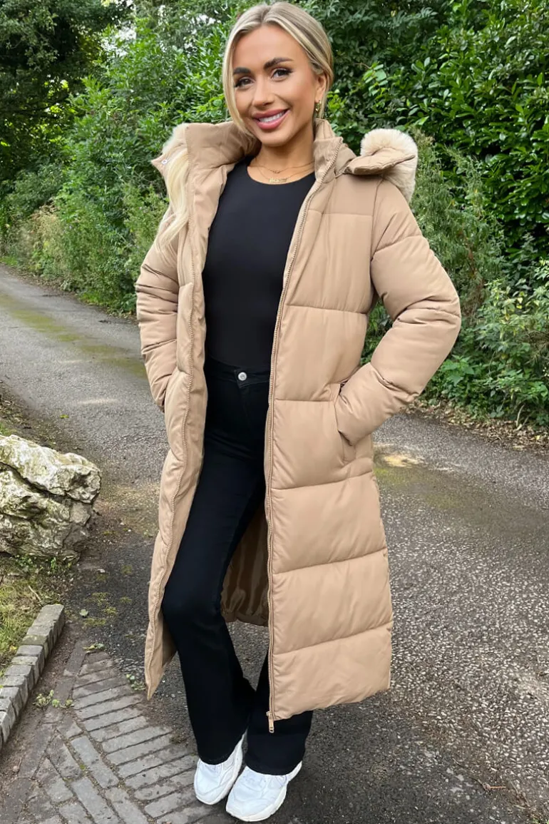 Biscuit Faux Fur Hooded Longline Padded Coat