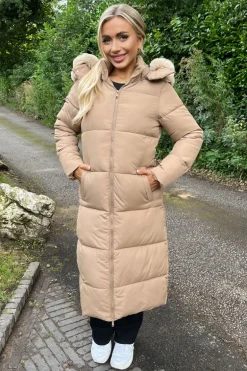 Biscuit Faux Fur Hooded Longline Padded Coat