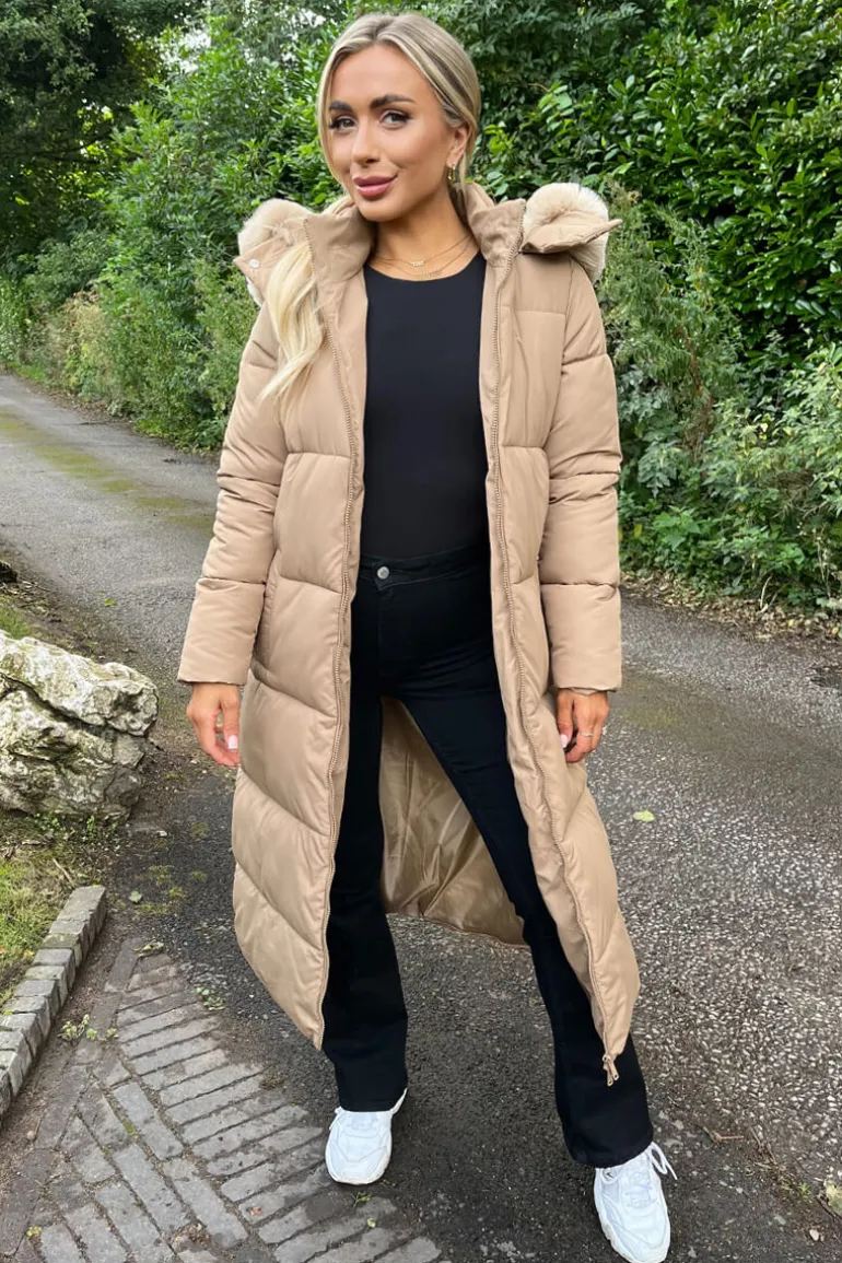 Biscuit Faux Fur Hooded Longline Padded Coat