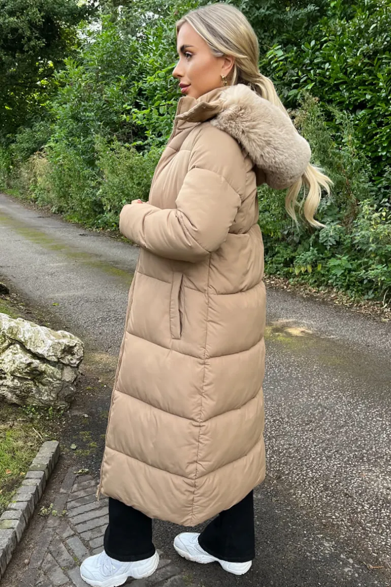 Biscuit Faux Fur Hooded Longline Padded Coat