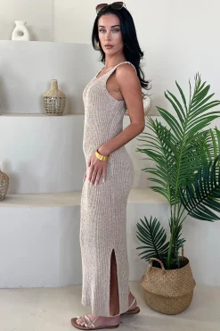 Biscuit Ribbed Knit Round Neck Midi Dress