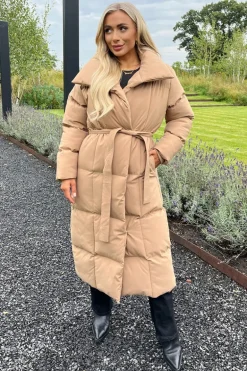 Biscuit Tie Waist Quilted Longline Puffer Coat