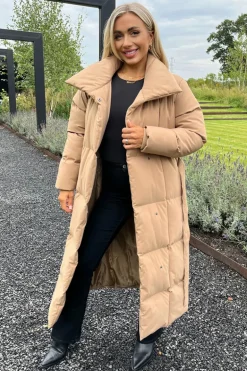 Biscuit Tie Waist Quilted Longline Puffer Coat