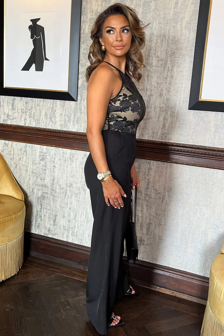 Black 2 in 1 Halter Neck Lace Top Jumpsuit