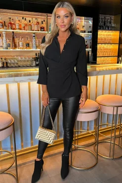 Black 3/4 Sleeve Collared Gathered Waist Top