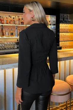 Black 3/4 Sleeve Collared Gathered Waist Top