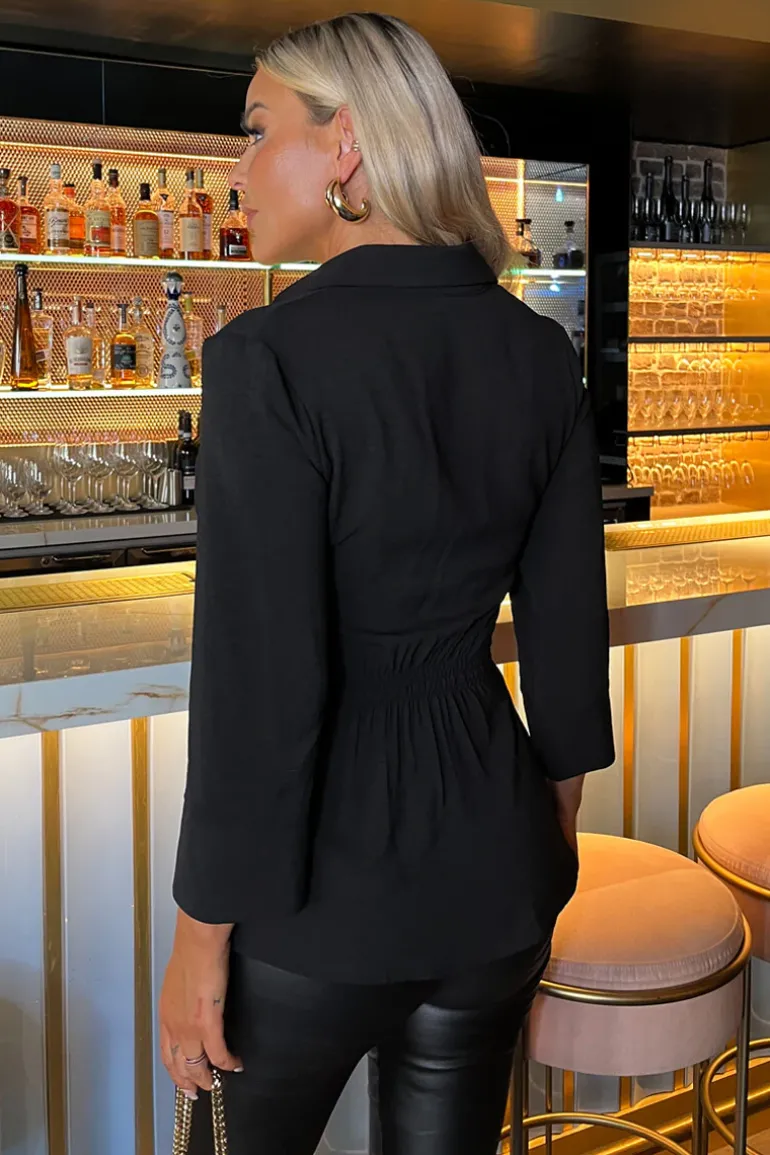 Black 3/4 Sleeve Collared Gathered Waist Top