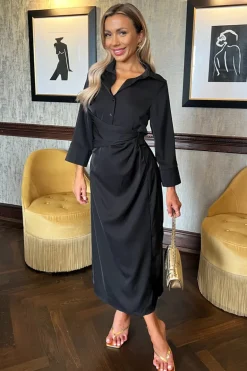 Black 3/4 Sleeves Gathered Waist Shirt Midi Dress