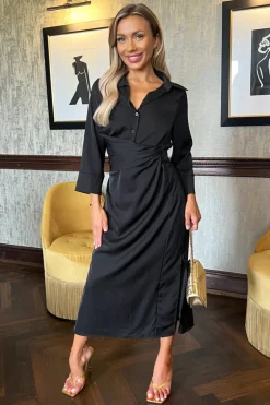 Black 3/4 Sleeves Gathered Waist Shirt Midi Dress