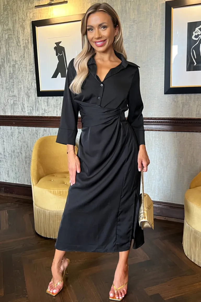 Black 3/4 Sleeves Gathered Waist Shirt Midi Dress