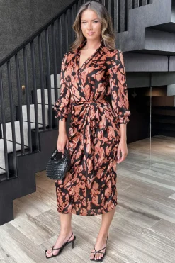 Black Abstract Print 3/4 Sleeved Tie Waist Midi Dress
