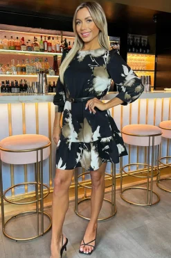 Black Abstract Print 3/4 Sleeves Frill Hem Belted Mini Dress