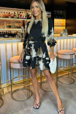 Black Abstract Print 3/4 Sleeves Frill Hem Belted Mini Dress