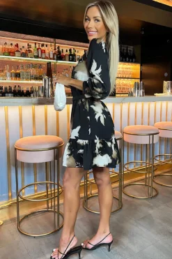 Black Abstract Print 3/4 Sleeves Frill Hem Belted Mini Dress