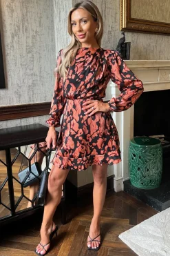 Black Abstract Print Long Sleeve Pleated Shoulder Mini Dress