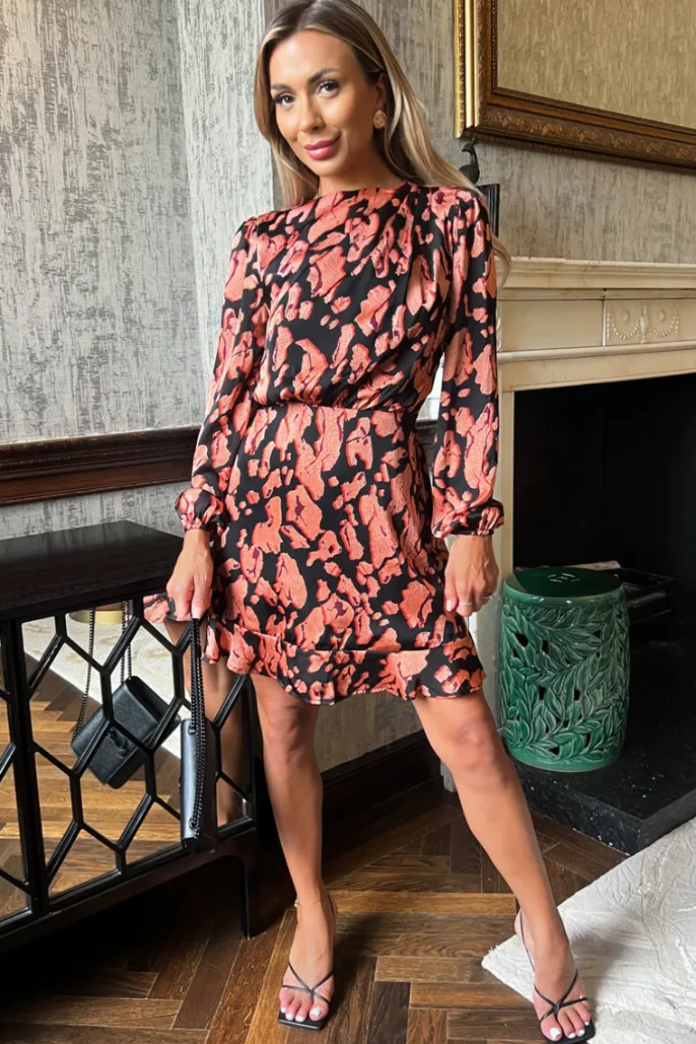 Black Abstract Print Long Sleeve Pleated Shoulder Mini Dress