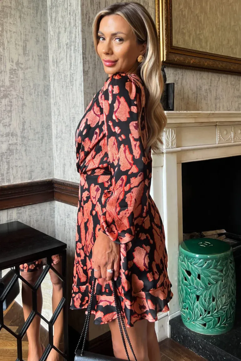 Black Abstract Print Long Sleeve Pleated Shoulder Mini Dress