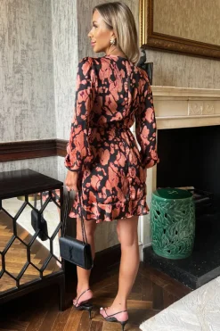 Black Abstract Print Long Sleeve Pleated Shoulder Mini Dress