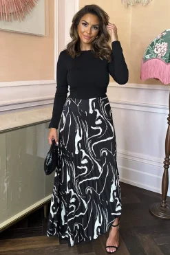 Black Abstract Stripe Print 2 in 1 Long Sleeve Pleated Skirt Midi Dress