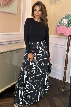 Black Abstract Stripe Print 2 in 1 Long Sleeve Pleated Skirt Midi Dress