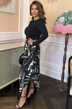 Black Abstract Stripe Print 2 in 1 Long Sleeve Pleated Skirt Midi Dress