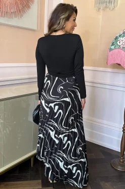 Black Abstract Stripe Print 2 in 1 Long Sleeve Pleated Skirt Midi Dress